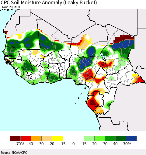 Western Africa CPC Soil Moisture Anomaly (Leaky Bucket) Thematic Map For 11/16/2021 - 11/20/2021