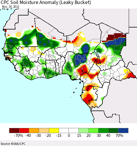 Western Africa CPC Soil Moisture Anomaly (Leaky Bucket) Thematic Map For 11/26/2021 - 11/30/2021