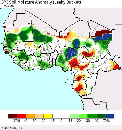 Western Africa CPC Soil Moisture Anomaly (Leaky Bucket) Thematic Map For 12/1/2021 - 12/5/2021