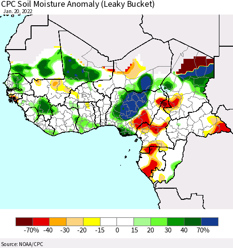 Western Africa CPC Soil Moisture Anomaly (Leaky Bucket) Thematic Map For 1/16/2022 - 1/20/2022