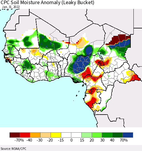 Western Africa CPC Soil Moisture Anomaly (Leaky Bucket) Thematic Map For 1/26/2022 - 1/31/2022