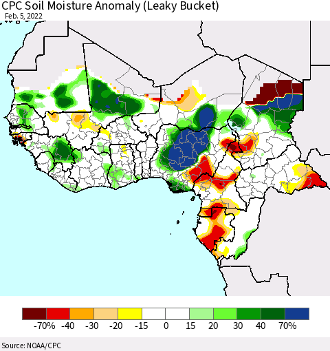 Western Africa CPC Soil Moisture Anomaly (Leaky Bucket) Thematic Map For 2/1/2022 - 2/5/2022