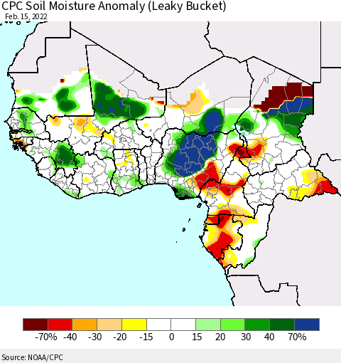 Western Africa CPC Soil Moisture Anomaly (Leaky Bucket) Thematic Map For 2/11/2022 - 2/15/2022
