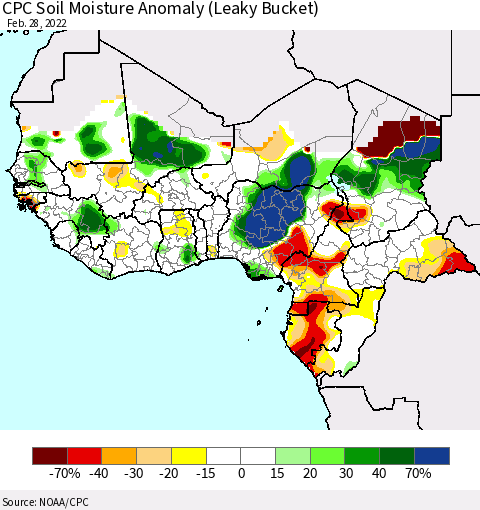 Western Africa CPC Soil Moisture Anomaly (Leaky Bucket) Thematic Map For 2/26/2022 - 2/28/2022