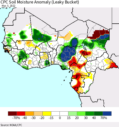 Western Africa CPC Soil Moisture Anomaly (Leaky Bucket) Thematic Map For 3/1/2022 - 3/5/2022