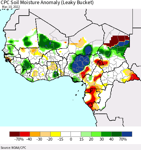 Western Africa CPC Soil Moisture Anomaly (Leaky Bucket) Thematic Map For 3/6/2022 - 3/10/2022