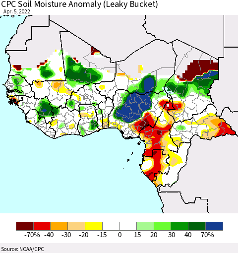 Western Africa CPC Soil Moisture Anomaly (Leaky Bucket) Thematic Map For 4/1/2022 - 4/5/2022