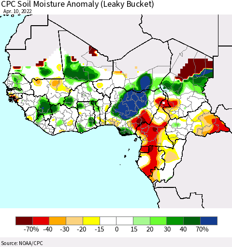 Western Africa CPC Soil Moisture Anomaly (Leaky Bucket) Thematic Map For 4/6/2022 - 4/10/2022