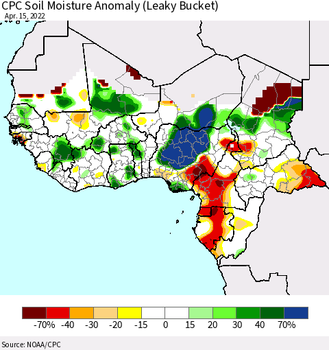 Western Africa CPC Soil Moisture Anomaly (Leaky Bucket) Thematic Map For 4/11/2022 - 4/15/2022