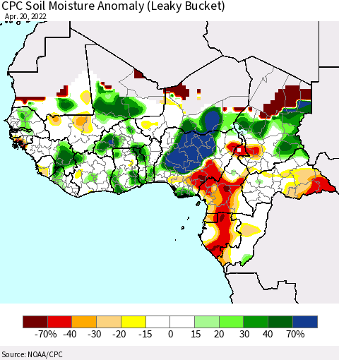 Western Africa CPC Soil Moisture Anomaly (Leaky Bucket) Thematic Map For 4/16/2022 - 4/20/2022
