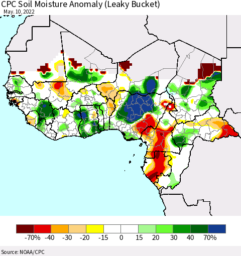 Western Africa CPC Soil Moisture Anomaly (Leaky Bucket) Thematic Map For 5/6/2022 - 5/10/2022