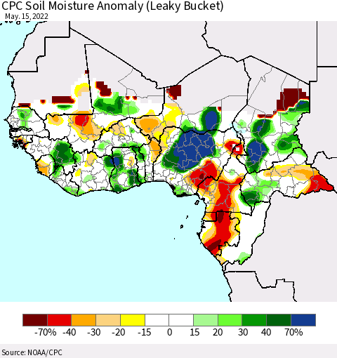 Western Africa CPC Soil Moisture Anomaly (Leaky Bucket) Thematic Map For 5/11/2022 - 5/15/2022
