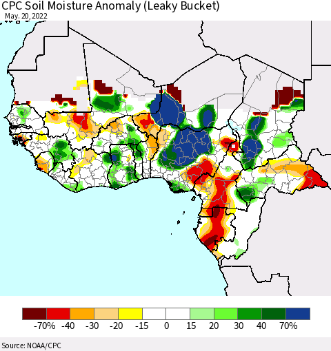 Western Africa CPC Soil Moisture Anomaly (Leaky Bucket) Thematic Map For 5/16/2022 - 5/20/2022