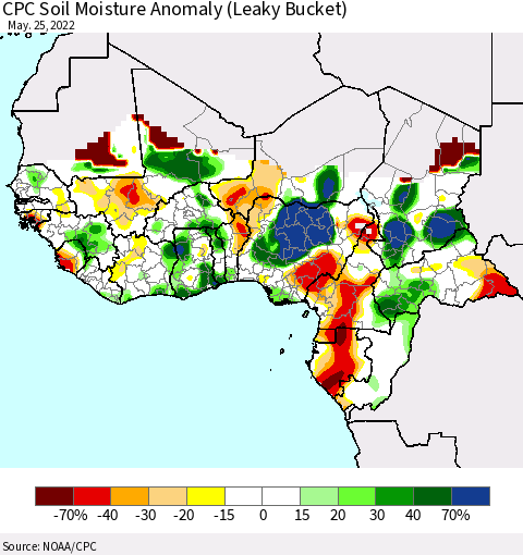 Western Africa CPC Soil Moisture Anomaly (Leaky Bucket) Thematic Map For 5/21/2022 - 5/25/2022