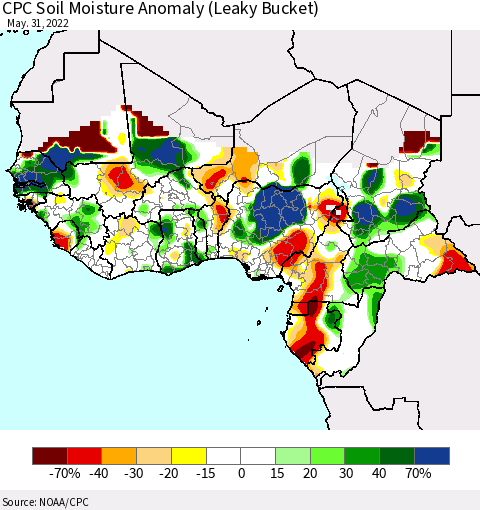 Western Africa CPC Soil Moisture Anomaly (Leaky Bucket) Thematic Map For 5/26/2022 - 5/31/2022