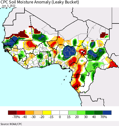 Western Africa CPC Soil Moisture Anomaly (Leaky Bucket) Thematic Map For 6/1/2022 - 6/5/2022