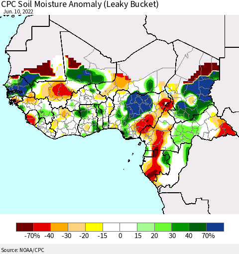 Western Africa CPC Soil Moisture Anomaly (Leaky Bucket) Thematic Map For 6/6/2022 - 6/10/2022