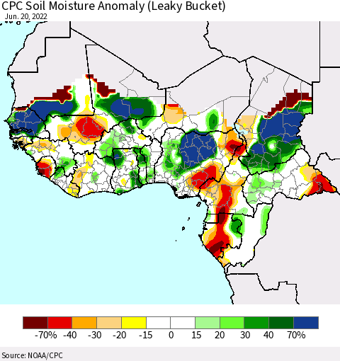 Western Africa CPC Soil Moisture Anomaly (Leaky Bucket) Thematic Map For 6/16/2022 - 6/20/2022