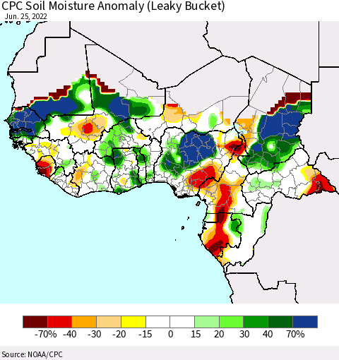 Western Africa CPC Soil Moisture Anomaly (Leaky Bucket) Thematic Map For 6/21/2022 - 6/25/2022
