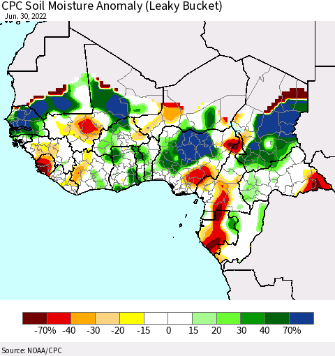 Western Africa CPC Soil Moisture Anomaly (Leaky Bucket) Thematic Map For 6/26/2022 - 6/30/2022