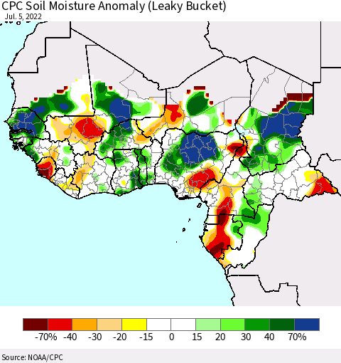Western Africa CPC Soil Moisture Anomaly (Leaky Bucket) Thematic Map For 7/1/2022 - 7/5/2022
