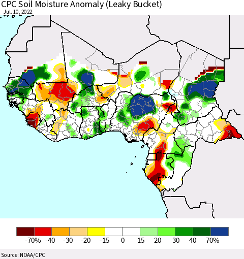 Western Africa CPC Soil Moisture Anomaly (Leaky Bucket) Thematic Map For 7/6/2022 - 7/10/2022