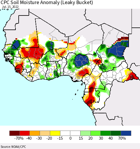 Western Africa CPC Soil Moisture Anomaly (Leaky Bucket) Thematic Map For 7/11/2022 - 7/15/2022