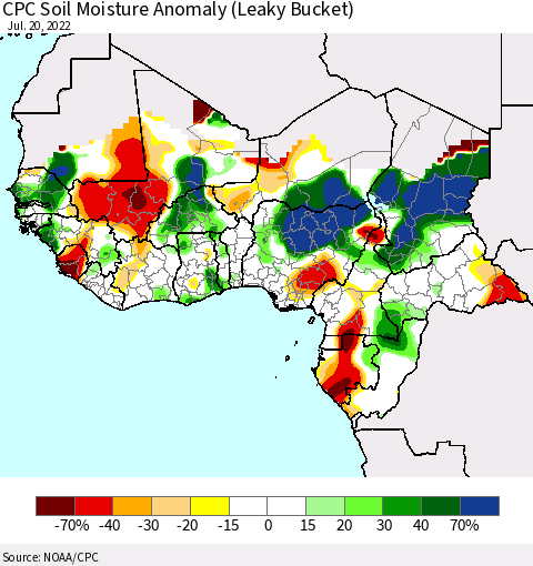 Western Africa CPC Soil Moisture Anomaly (Leaky Bucket) Thematic Map For 7/16/2022 - 7/20/2022