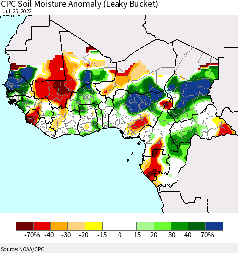 Western Africa CPC Soil Moisture Anomaly (Leaky Bucket) Thematic Map For 7/21/2022 - 7/25/2022