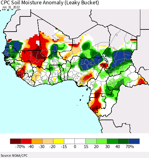 Western Africa CPC Soil Moisture Anomaly (Leaky Bucket) Thematic Map For 7/26/2022 - 7/31/2022