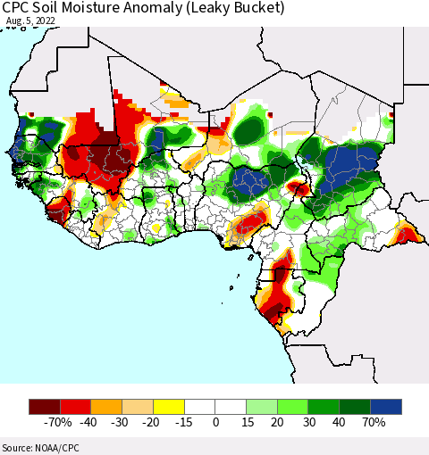 Western Africa CPC Soil Moisture Anomaly (Leaky Bucket) Thematic Map For 8/1/2022 - 8/5/2022