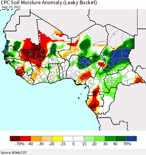 Western Africa CPC Soil Moisture Anomaly (Leaky Bucket) Thematic Map For 8/6/2022 - 8/10/2022