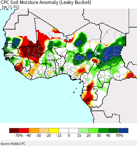 Western Africa CPC Soil Moisture Anomaly (Leaky Bucket) Thematic Map For 8/11/2022 - 8/15/2022
