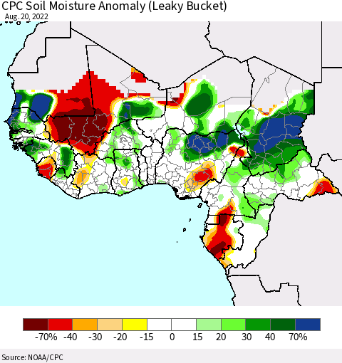 Western Africa CPC Soil Moisture Anomaly (Leaky Bucket) Thematic Map For 8/16/2022 - 8/20/2022