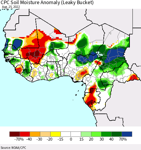 Western Africa CPC Soil Moisture Anomaly (Leaky Bucket) Thematic Map For 8/21/2022 - 8/25/2022