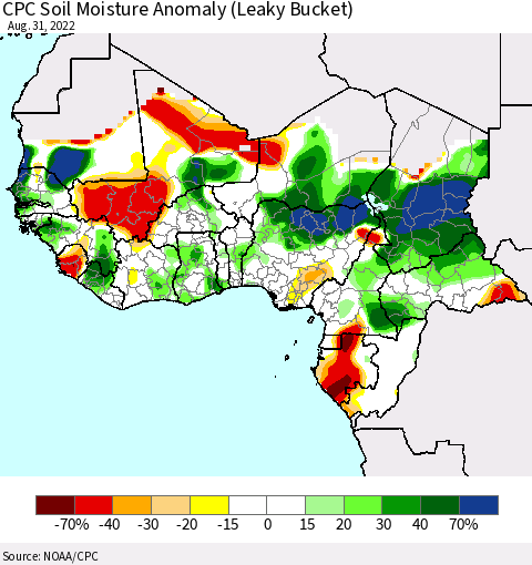 Western Africa CPC Soil Moisture Anomaly (Leaky Bucket) Thematic Map For 8/26/2022 - 8/31/2022