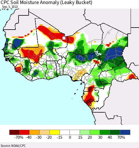 Western Africa CPC Soil Moisture Anomaly (Leaky Bucket) Thematic Map For 9/1/2022 - 9/5/2022