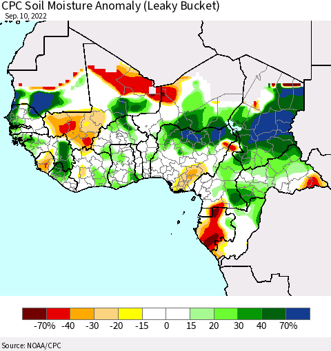 Western Africa CPC Soil Moisture Anomaly (Leaky Bucket) Thematic Map For 9/6/2022 - 9/10/2022