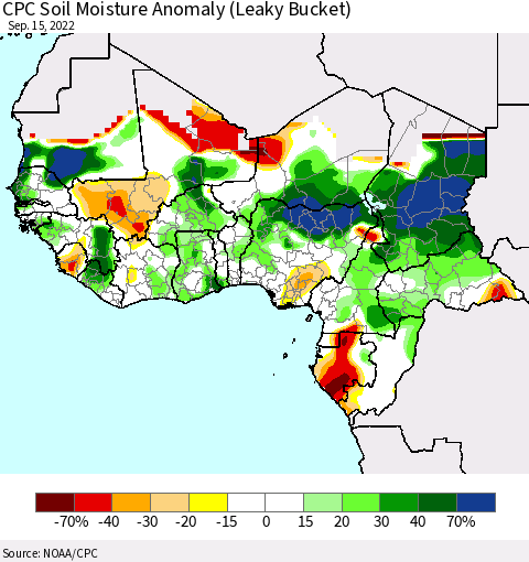 Western Africa CPC Soil Moisture Anomaly (Leaky Bucket) Thematic Map For 9/11/2022 - 9/15/2022