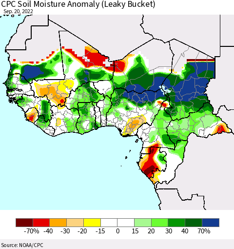 Western Africa CPC Soil Moisture Anomaly (Leaky Bucket) Thematic Map For 9/16/2022 - 9/20/2022