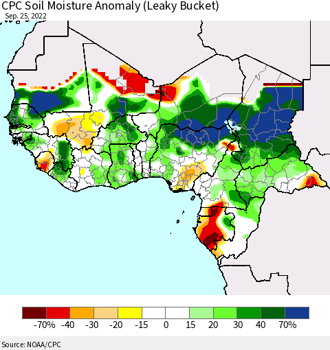 Western Africa CPC Soil Moisture Anomaly (Leaky Bucket) Thematic Map For 9/21/2022 - 9/25/2022
