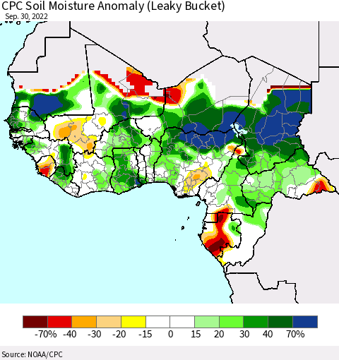 Western Africa CPC Soil Moisture Anomaly (Leaky Bucket) Thematic Map For 9/26/2022 - 9/30/2022