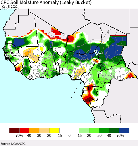 Western Africa CPC Soil Moisture Anomaly (Leaky Bucket) Thematic Map For 10/1/2022 - 10/5/2022