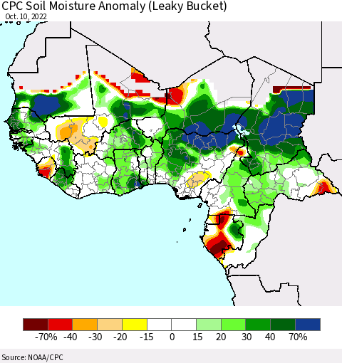 Western Africa CPC Soil Moisture Anomaly (Leaky Bucket) Thematic Map For 10/6/2022 - 10/10/2022