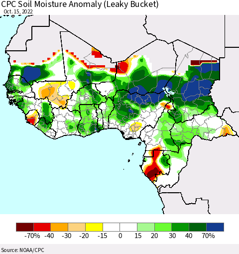 Western Africa CPC Soil Moisture Anomaly (Leaky Bucket) Thematic Map For 10/11/2022 - 10/15/2022