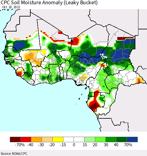 Western Africa CPC Soil Moisture Anomaly (Leaky Bucket) Thematic Map For 10/16/2022 - 10/20/2022