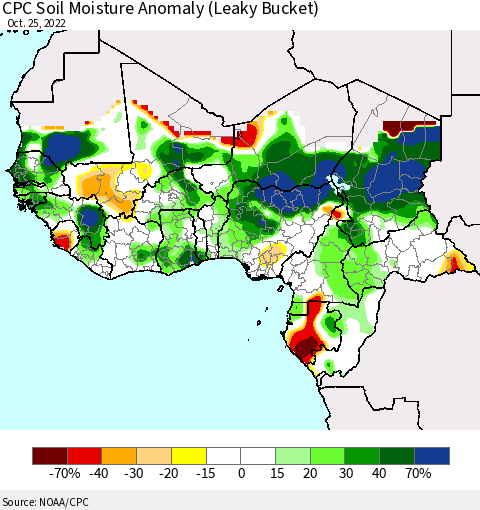 Western Africa CPC Soil Moisture Anomaly (Leaky Bucket) Thematic Map For 10/21/2022 - 10/25/2022