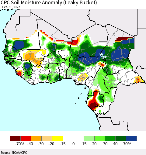 Western Africa CPC Soil Moisture Anomaly (Leaky Bucket) Thematic Map For 10/26/2022 - 10/31/2022