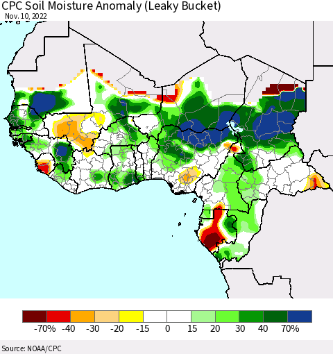 Western Africa CPC Soil Moisture Anomaly (Leaky Bucket) Thematic Map For 11/6/2022 - 11/10/2022