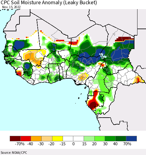Western Africa CPC Soil Moisture Anomaly (Leaky Bucket) Thematic Map For 11/11/2022 - 11/15/2022